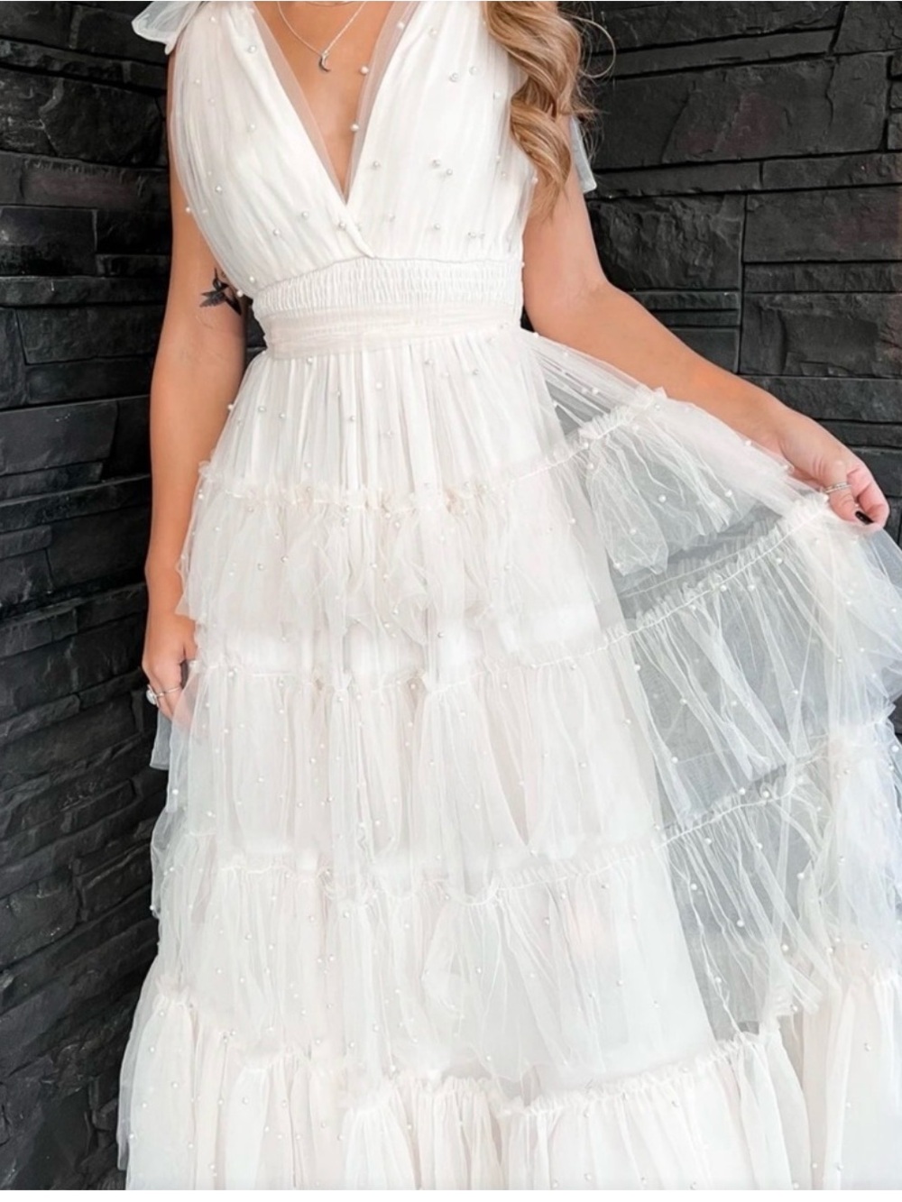 Lena White Pearl-Embellished Maxi Dress